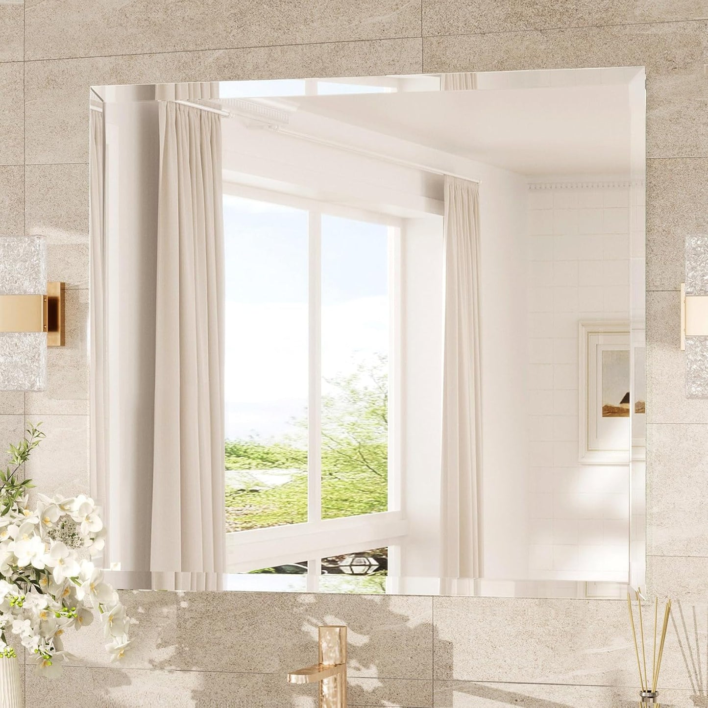 TokeShimi 40x30 Frameless Mirror Bathroom Rectangle, Bathroom Vanity Mirror Beveled with 1" Beveled Edge, Shatterproof Farmhouse Mirrored Wall Mounted for Living Room, Entryway, Restroom