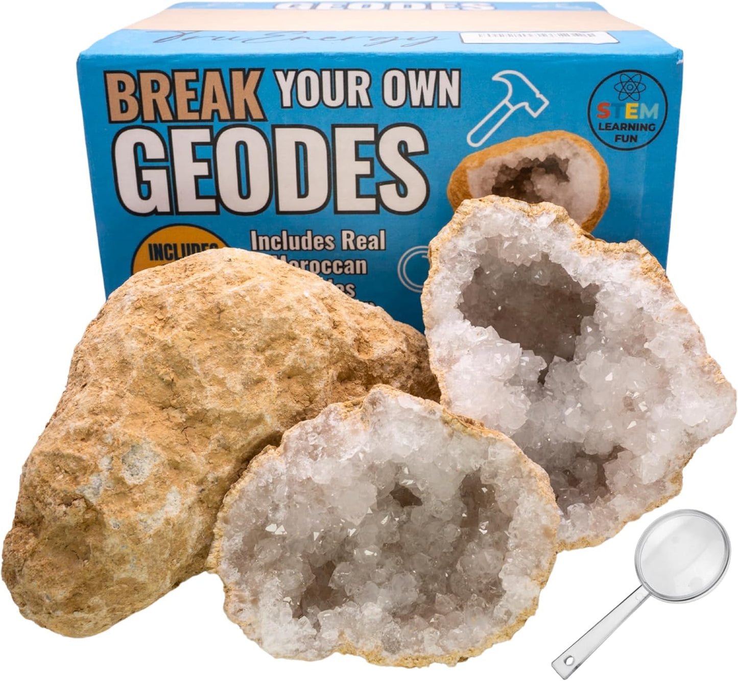 Break Your Own Jumbo Geodes Kit for Kids – 2 Giant Natural Crystal Geodes (4.5–6+ Inches) with Magnifying Glass & Learning Guide – STEM Science Rock Kit – Gift-Ready Educational Set