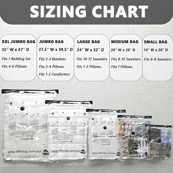 Vacuum Storage Bags 8 Combo, (2 Jumbo, 2 Large, 2 Medium, 2 Small) Space Saver Bags with Travel Hand Pump, Compression Airtight Sealer Bags for Clothes, Pillows, Comforters, Blankets