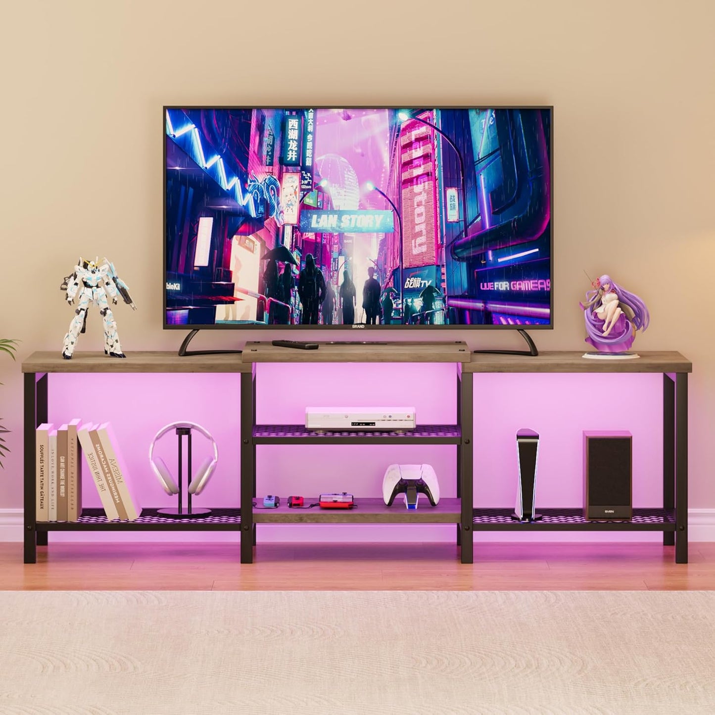 GarveeHome TV Stand with LED Lights for 55/65/75 Inch TV, 67 Inch Large Entertainment Center with Power Outlets, Media Console for Living Room, Bedroom, Grey