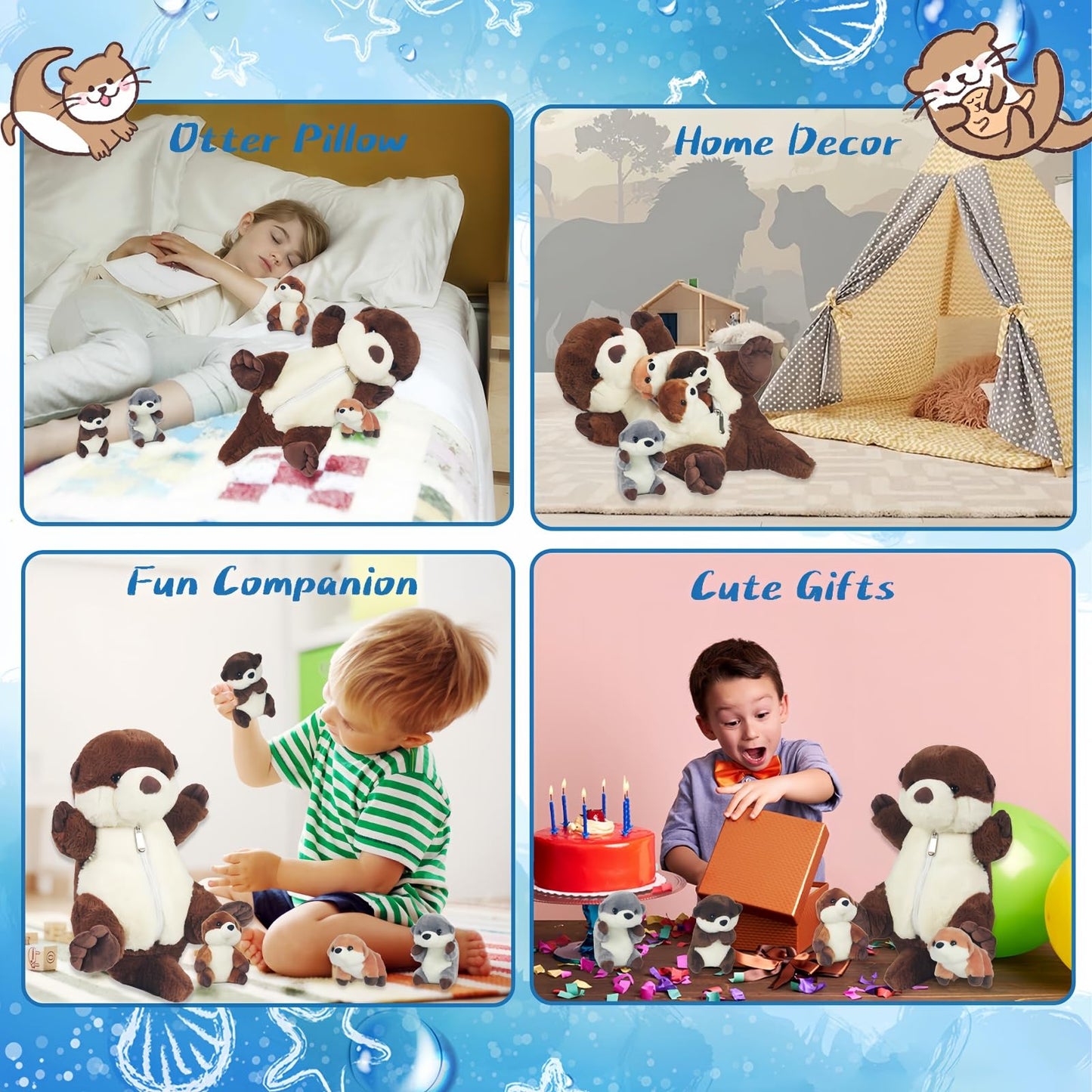 5 Pcs Sea Otter Stuffed Animal Plush Otter Set Large Mommy Stuffed Otter Plush Toy with 4 Babies in Zipper Pouch, Soft Cuddly Otter Plushies Pillow for Kids Boys Girls Birthday Christmas Plush Gifts