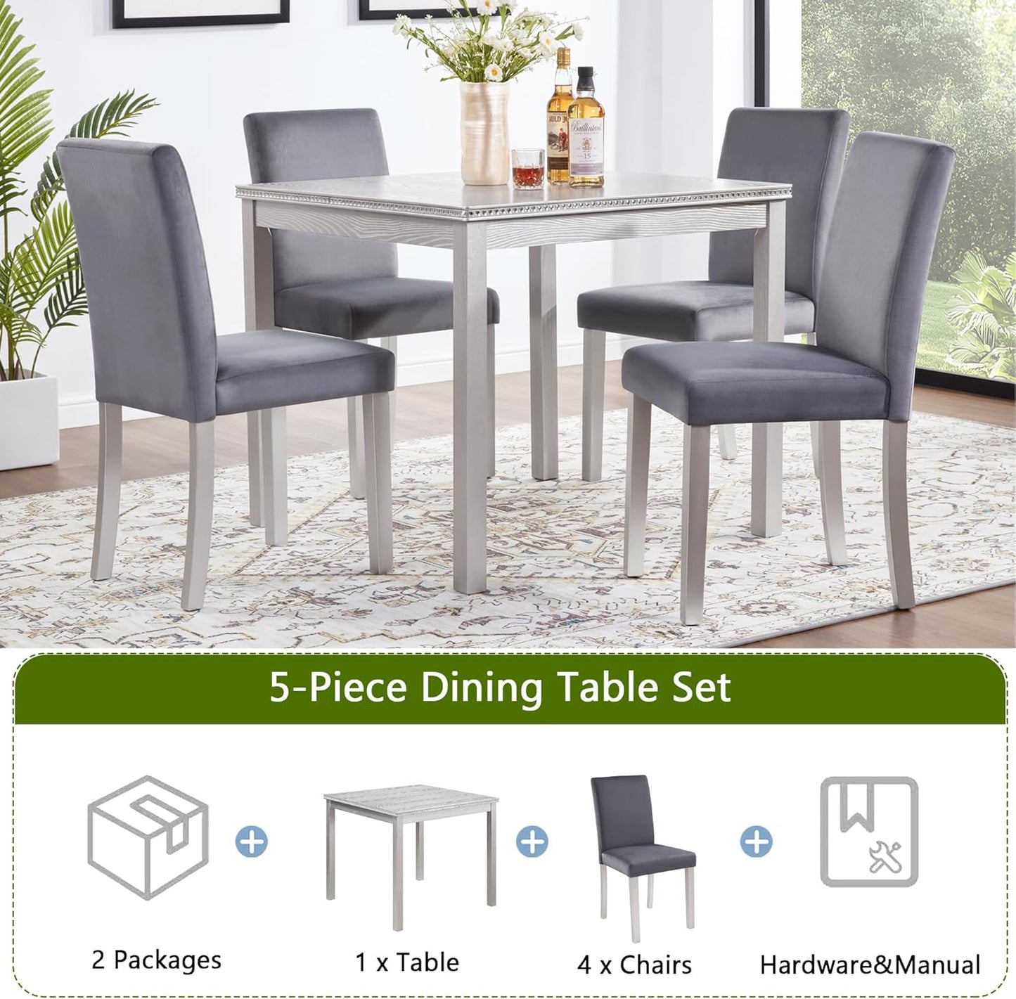 KEIKI 5-Piece Standard Height Dining Table Set with Square Table and 4 Upholstered Chair, for 4 Person, Classic Crystal Decoration Wood Table Set, Easy Assembly, for Kitchen, Dining Room, Silver Grey