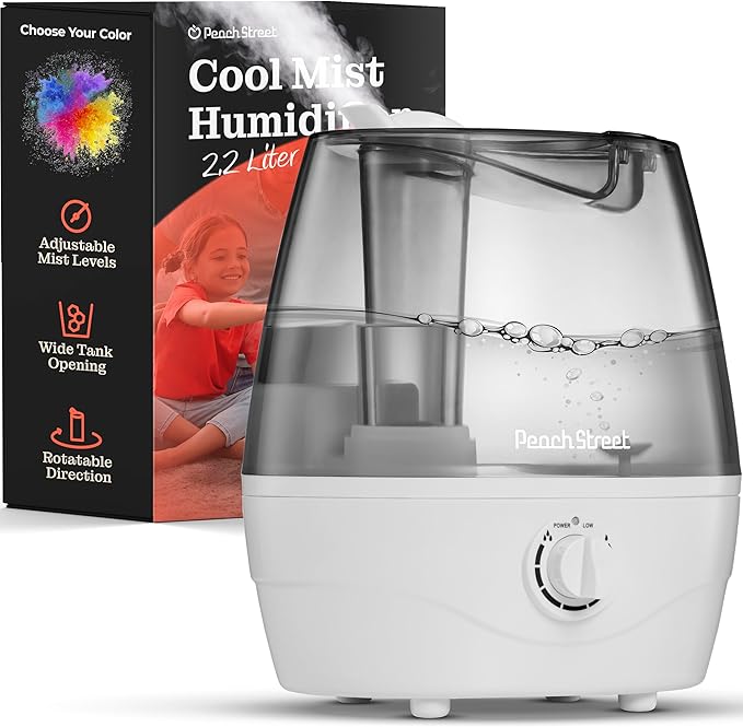 Cool Mist Humidifier - 2.2L Water Tank, for Bedroom, Baby, Quiet Ultrasonic Air Vaporizer, Adjustable Mist Level, 360 Nozzle Rotation, Auto-Shut Off, Large Area Humidifiers Easy Fill and Clean (Grey)