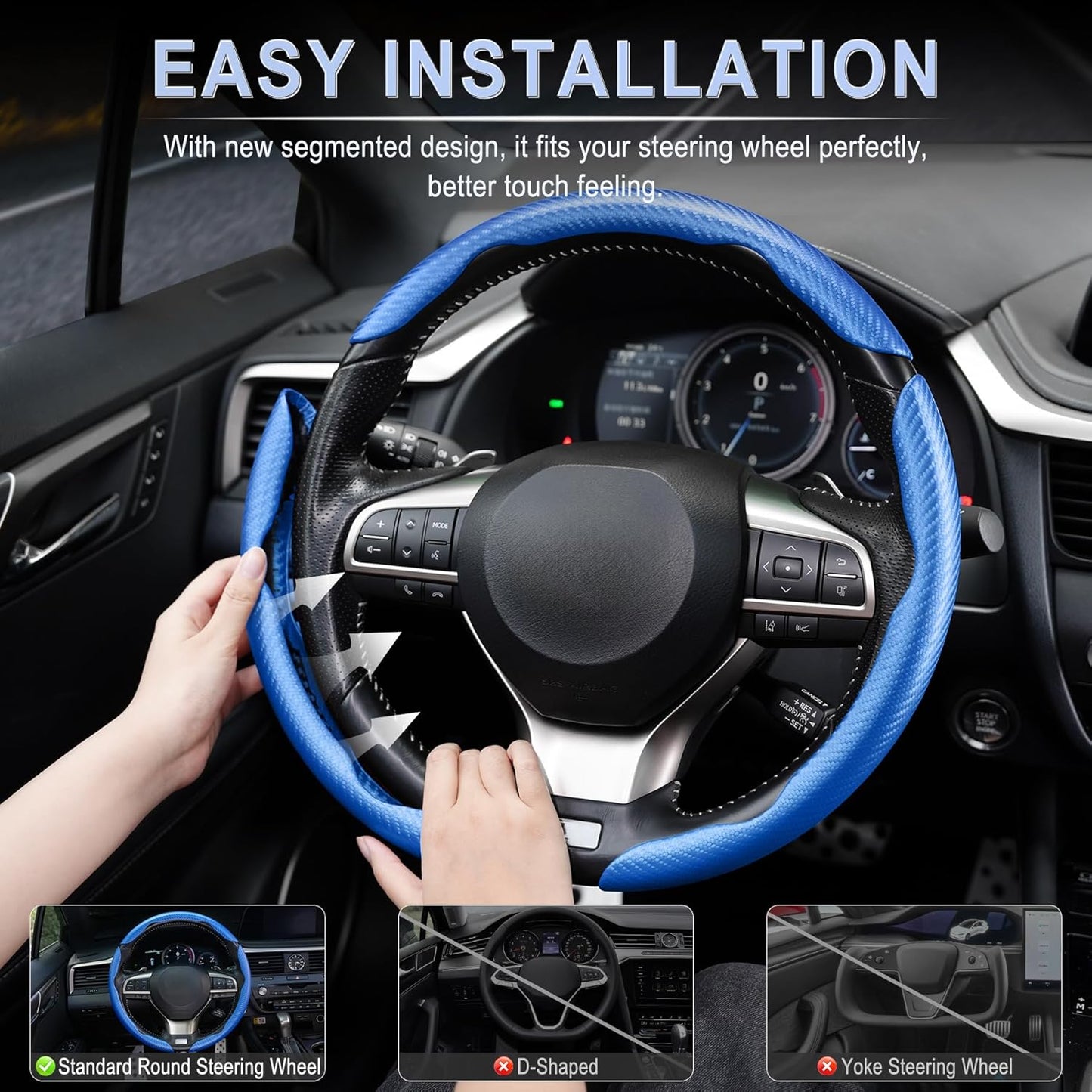 Amiss 3pcs Carbon Fiber Anti-Skid Steering Wheel Cover, Segmented & Butterfly Design, Universal 99% Car Wheel Cover Protector, Blue