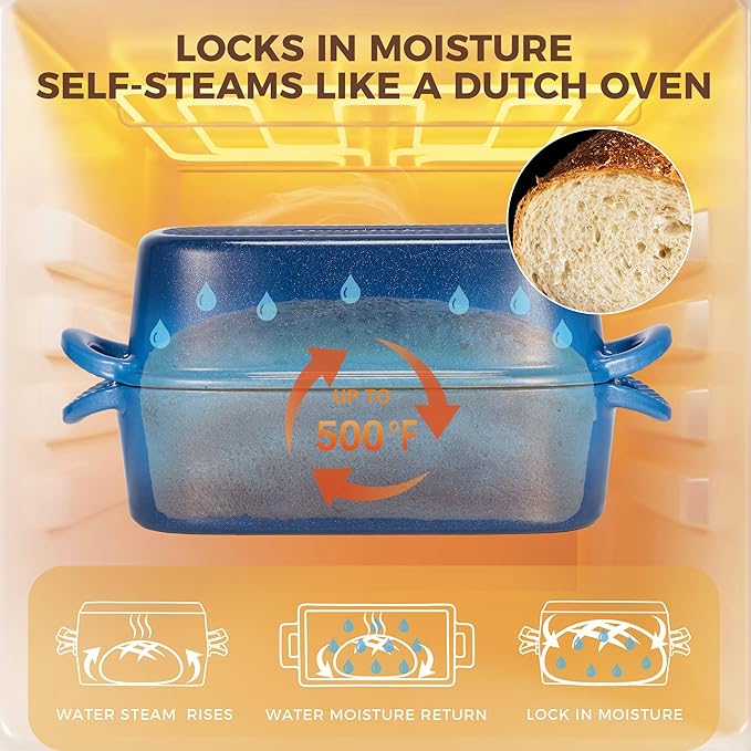 HONGBAKE Everline Collection 2 in 1 Enameled Cast Iron Loaf Pan with Lid, 9x5 Bread Pans for Baking Homemade Sourdough, Nonstick Large Banana Baking Tins, Even Heating Bread Dutch Oven, Blue