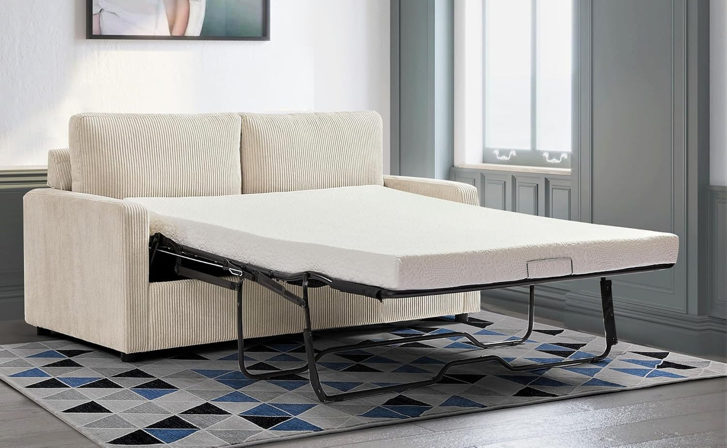 Reversible Sleeper Sofa Bed with Comfortable Memory Foam Mattress, Convertible Corduroy Full Size Pull Out Couch for Living Room, Space Saving Furniture, 70" Wide, Rectangular Arms, Ivory
