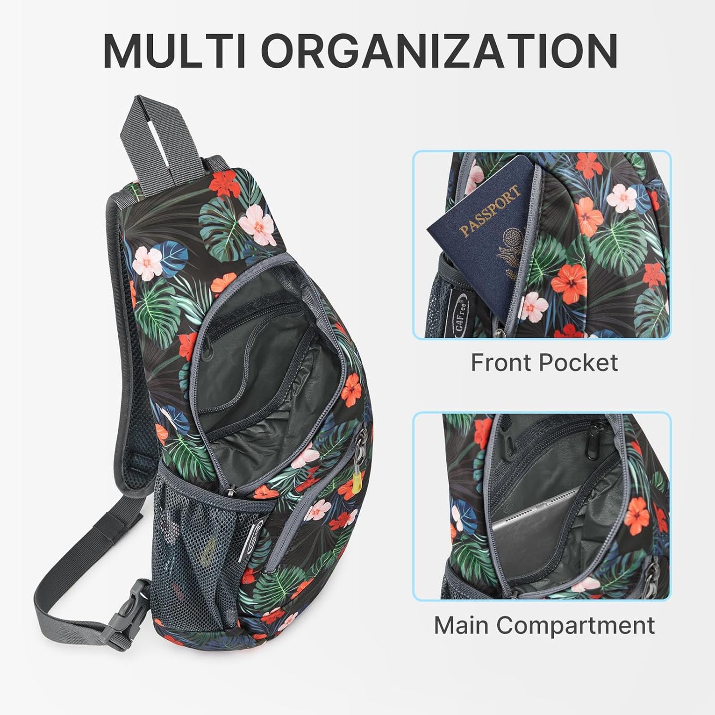 G4Free Sling Bag for Men Women, Small Crossbody Backpack Lightweight Chest Shoulder Bags for Travel, Outdoor and Sports (Flower Black)