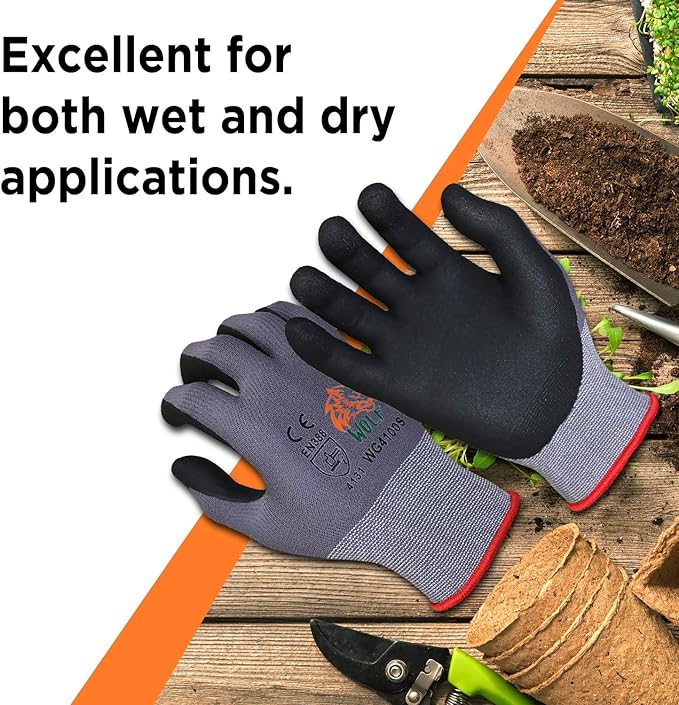 WOLF Ultra-Thin Nitrile Foam Palm Coated Glove with Tacky Dot Grip, Multi Purpose