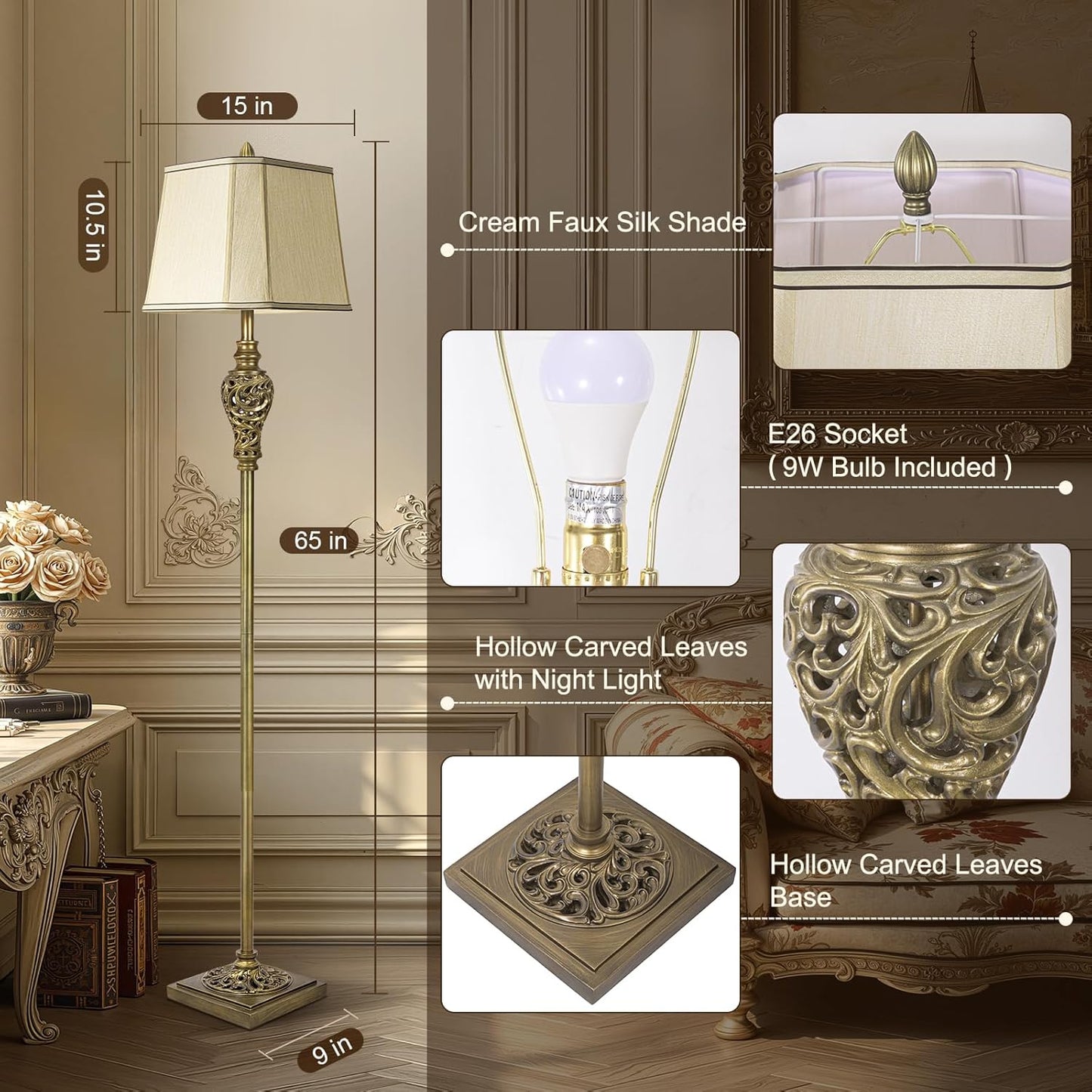 Vintage Floor Lamp for Living Room, 65" Tall Lamp with Nightlight and Beige Faux Silk Shade, Farmhouse Standing Lamp for Bedroom, Office Corner, or Study, Elegant Rustic Home Decor (LED Bulb Included)