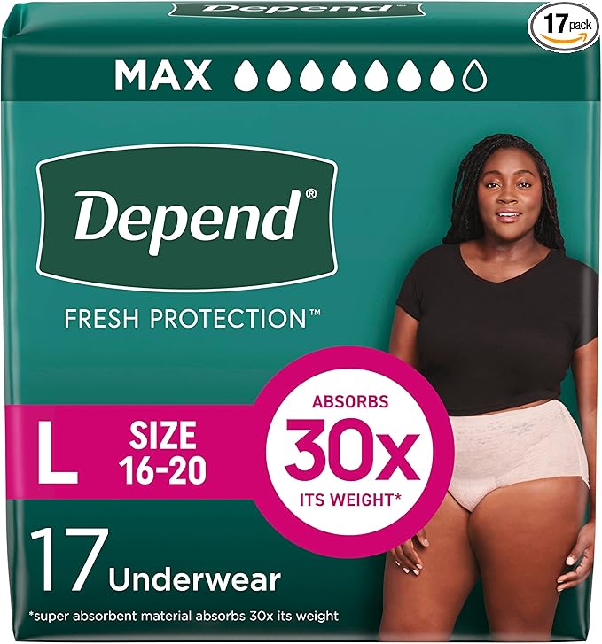 Depend Fresh Protection Adult Diapers, Incontinence & Postpartum Bladder Leak Underwear for Women, Disposable, Maximum, Large, Blush, 17 Count, Packaging May Vary