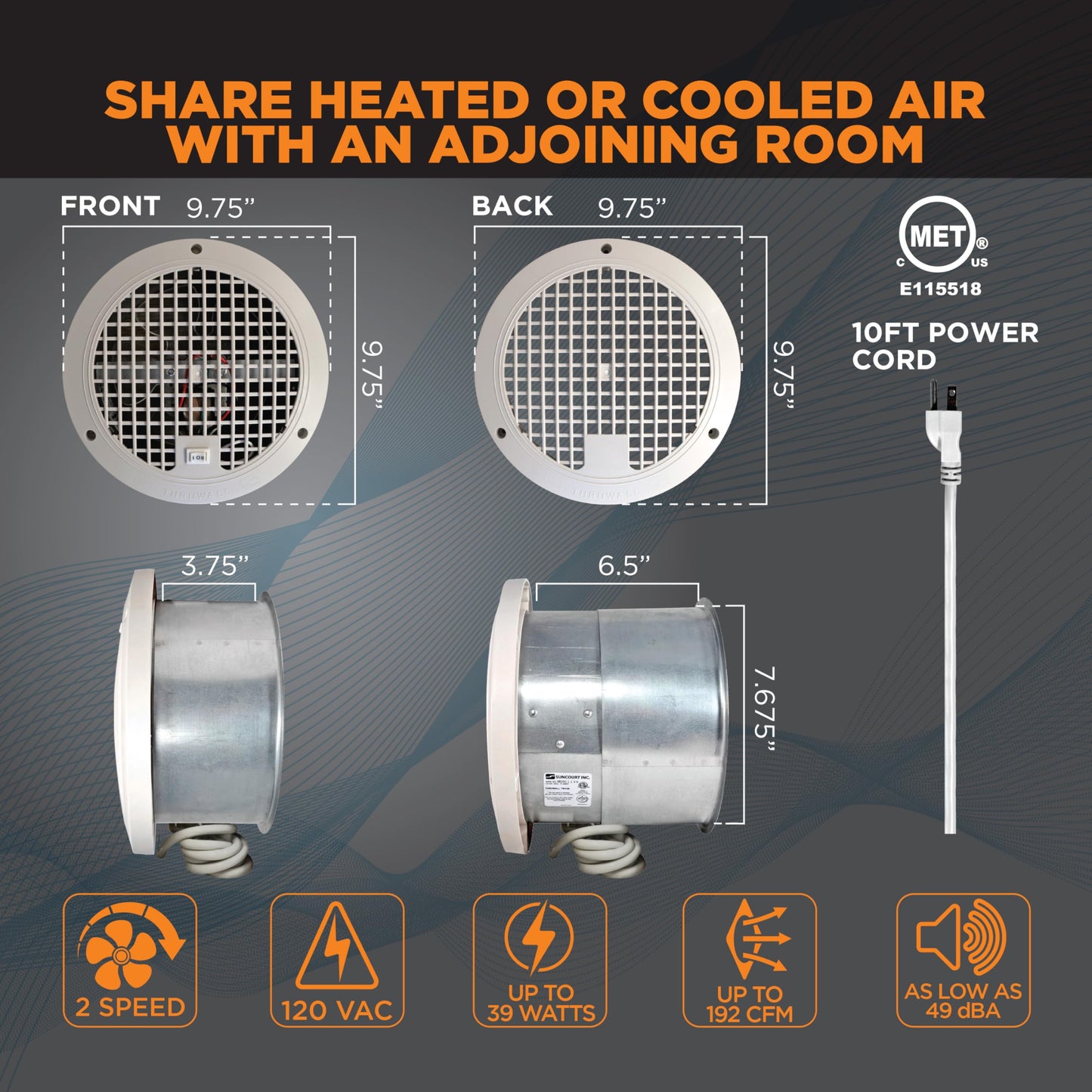 Suncourt Thruwall Room-To-Room Transfer Fan - Quiet Through Wall Vent Fan Improves Air Circulation Between Rooms 200-440 Sq. Ft.