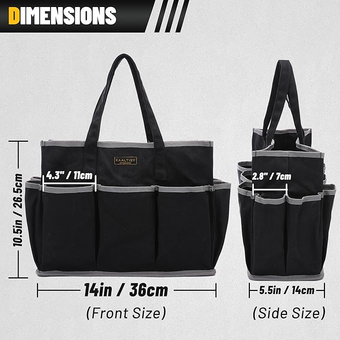 Canvas Tool Tote Bag, Heavy Duty 16oz Waxed Canvas Tool Storage Pouch with 1 Large Compartment & 10 Small Pockets | Multi-Purpose Garden Tool Bag for Horticulturists Mechanics Craftsmen – Black