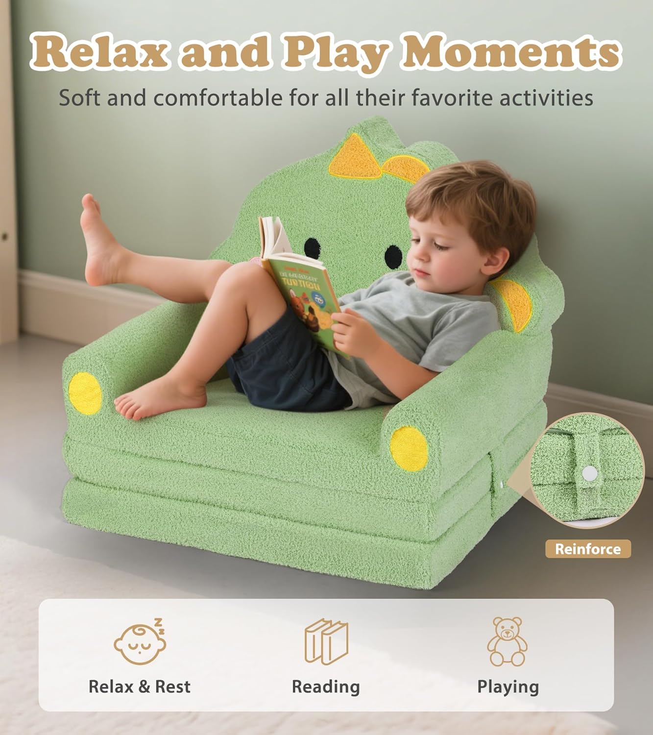 Kids Couch, 2-in-1 Soft Toddler Couch Fold Out with Blanket, Chair Comfy, Foldable Convertible Plush Sofa to Lounger, Gifts for Kids Girl Boys, Dinosaur