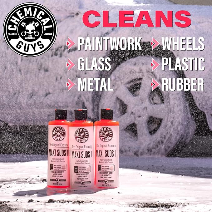 Chemical Guys Maxi Suds II Foaming Car Wash Soap – High Foam Car Wash Soap, Cherry Scent Shampoo and Gloss Booster for Foam Cannons, Guns or Buckets – Gentle, Safe for Trucks, SUVs, and RVs, 64 oz