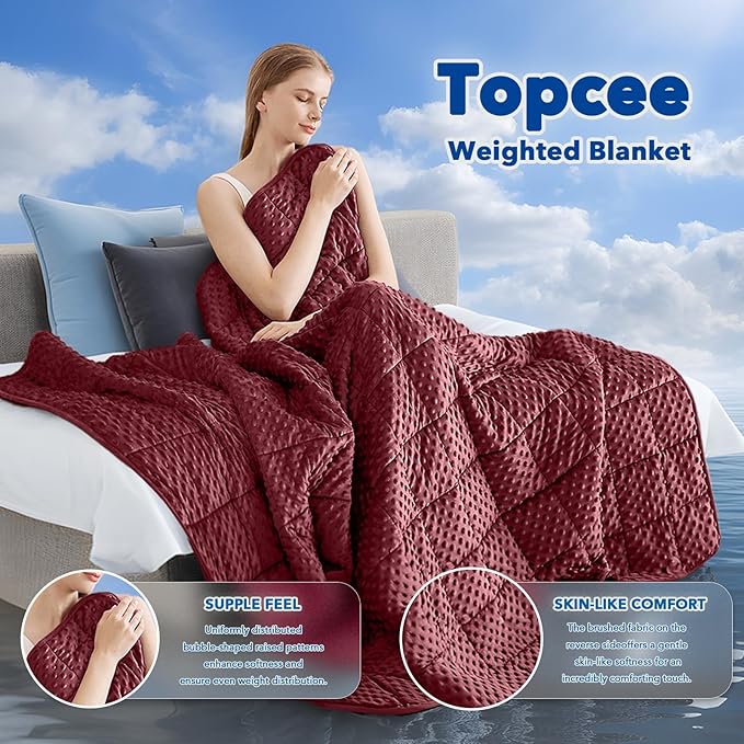 Topcee Weighted Blanket for Adults (15lbs 48"x72"), Minky Dots Heavy Blanket for Woman, Man Sleeping, Soft, Cozy and Cooling Weighted Throw Blankets, Machine Washable, Burgundy