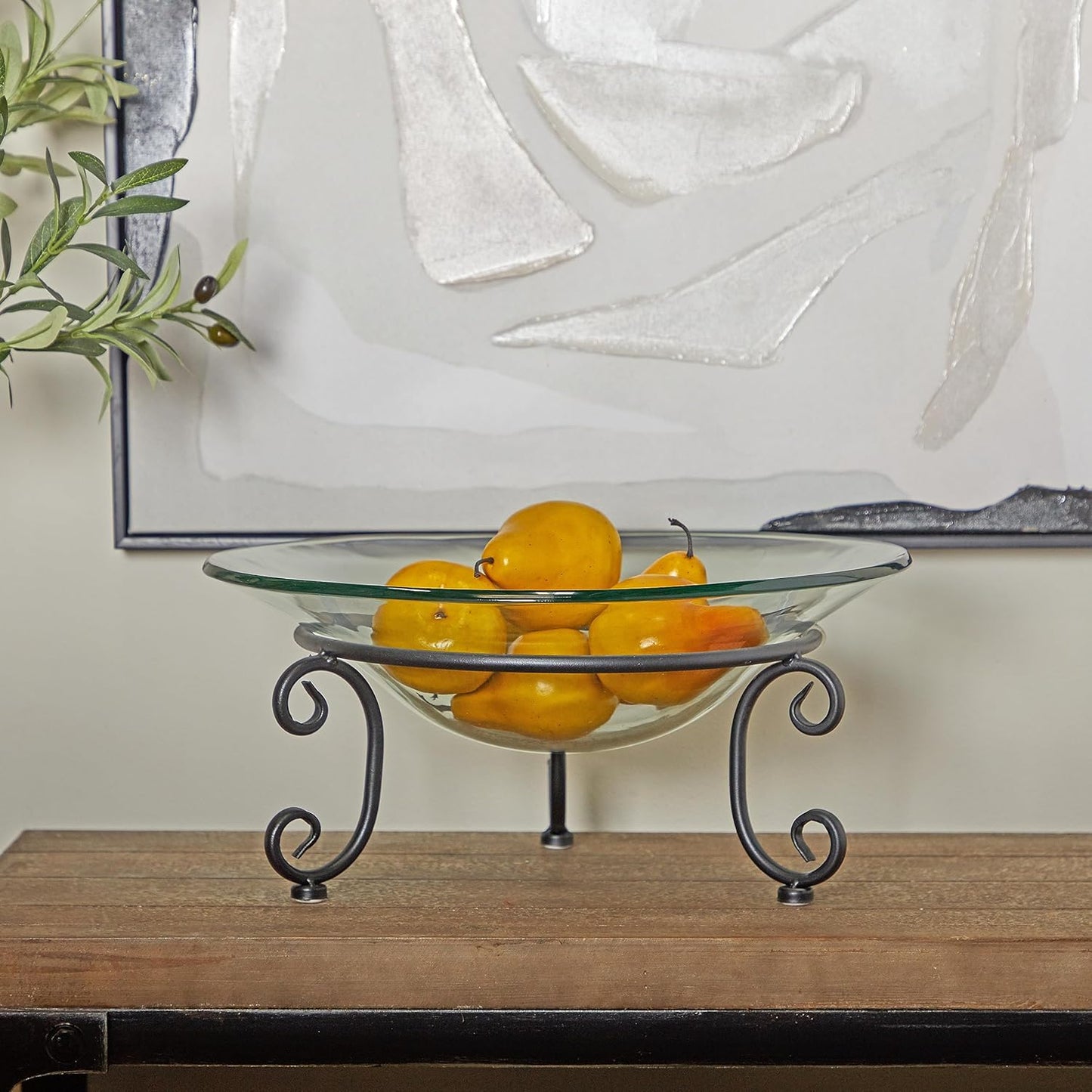 Deco 79 Tempered Glass Kitchen Serving Bowl with Black Metal Scroll Base, 17" x 17" x 8", Clear