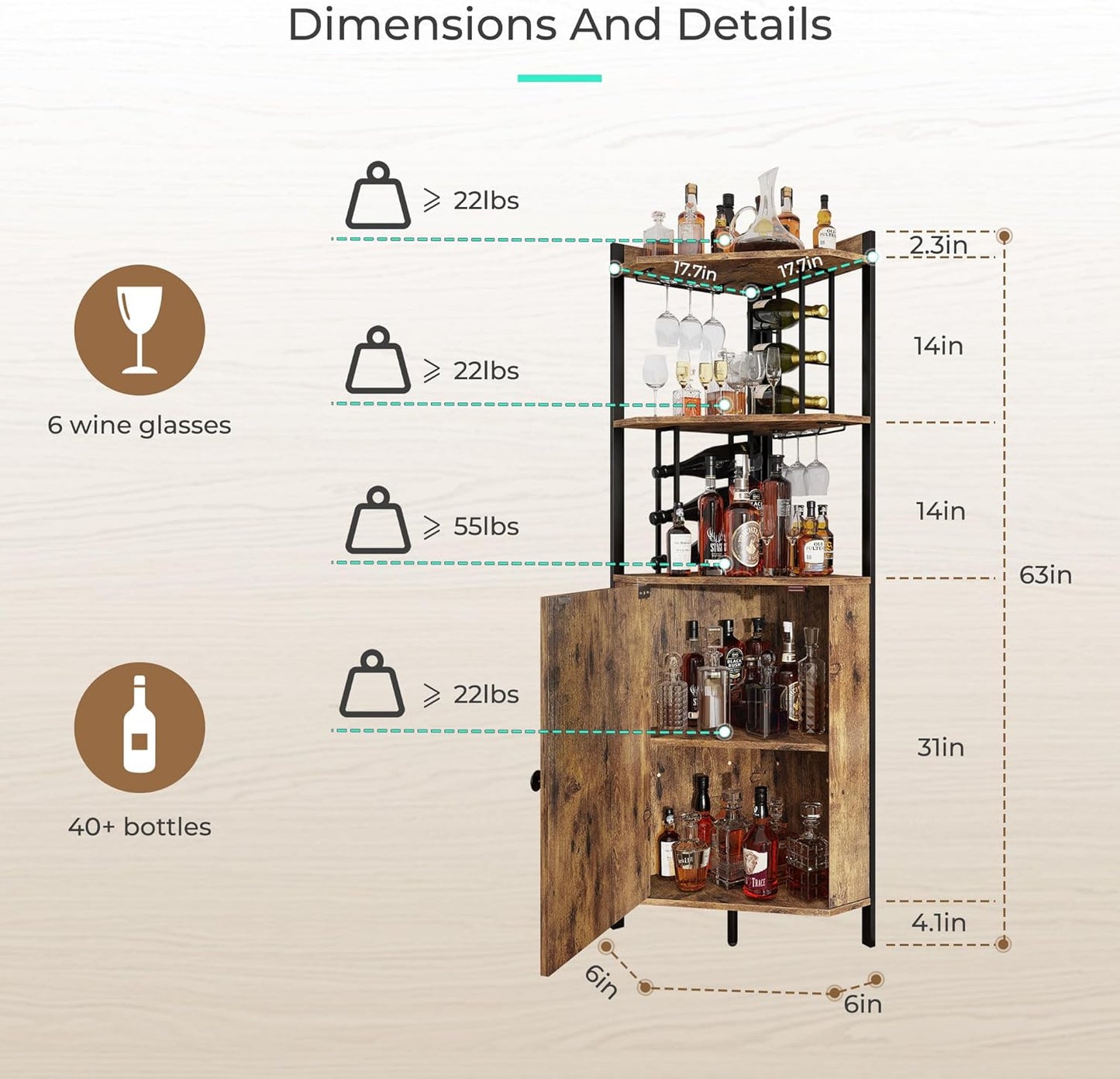 63” Corner Bar Cabinet with Wine Rack, 5-Tier Farmhouse Liquor Cabinet with Glass Holder, Adjustable Shelves & Barn Door, Rustic Brown Home Bar Storage for Living Room & Kitchen