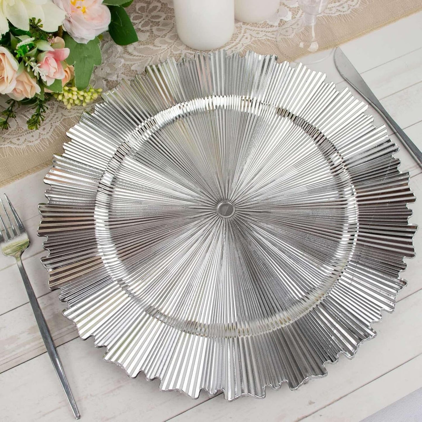Efavormart 6 Pack | 13" Metallic Silver Sunray Acrylic Plastic Serving Plates, Round Scalloped Rim Disposable Charger Plates