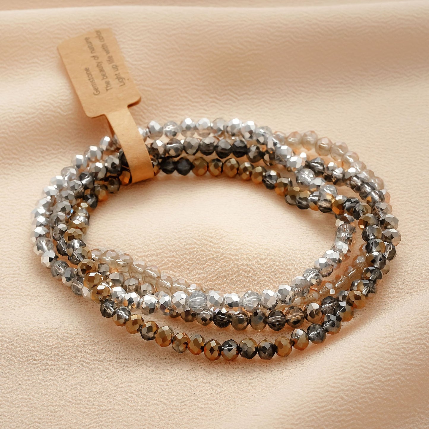 Lubrifico Boho Crystal Bracelet Set of 4pcs/set,4mm Beads Stackable Layering Stretch Bracelets for Women, Friendship Gifts（grey