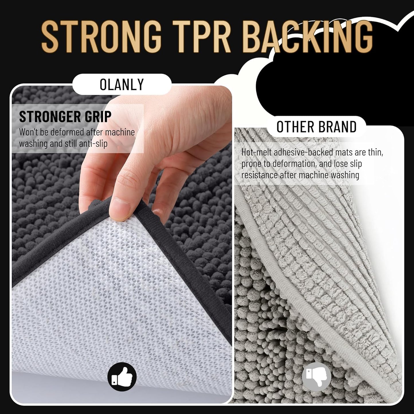 OLANLY Thick Bathroom Rugs 47x20, Extra Soft Absorbent Chenille Striped Bath Rugs, Rubber Backing, Machine Wash Dry, Bath Mats for Bathroom Floor, Tub and Shower, Home Decor Accessories, Dark Grey