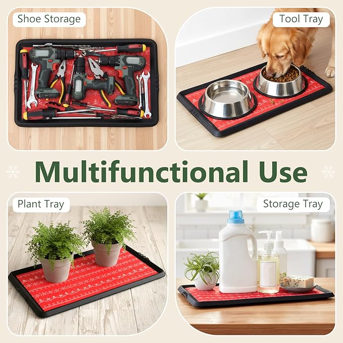 Maxdot Christmas Boot Tray Rubber Holiday Shoe Mat Tray with Festive Print 16" X27.5" Waterproof Rubber Shoe Mat for Entryway Indoor Outdoor Use with Raised Edge Christmas Decor(2 Pack)