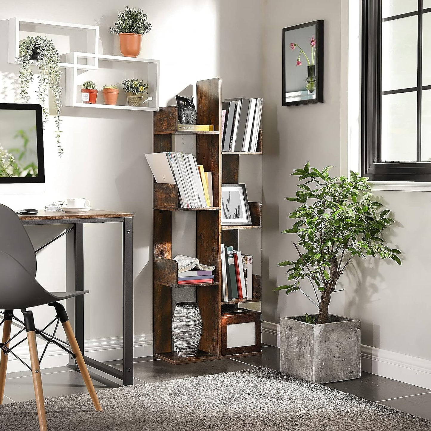 VASAGLE Bookcase, Tree-Shaped Bookshelf with 8 Storage Shelves, Rounded Corners, 19.7 x 9.8 x 55.1 Inches, Rustic Brown ULBC66BXV1