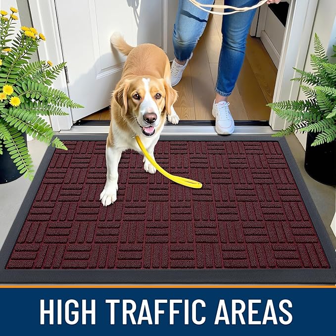 OLANLY Front Door Mat Outside Entrance 59x34, Absorbent, Heavy Duty Sturdy Natural Rubber Doormat Indoor Outdoor, Non-Slip, Stain and Fade Resistant, Low Profile Floor Mat for Entryway, Burgundy