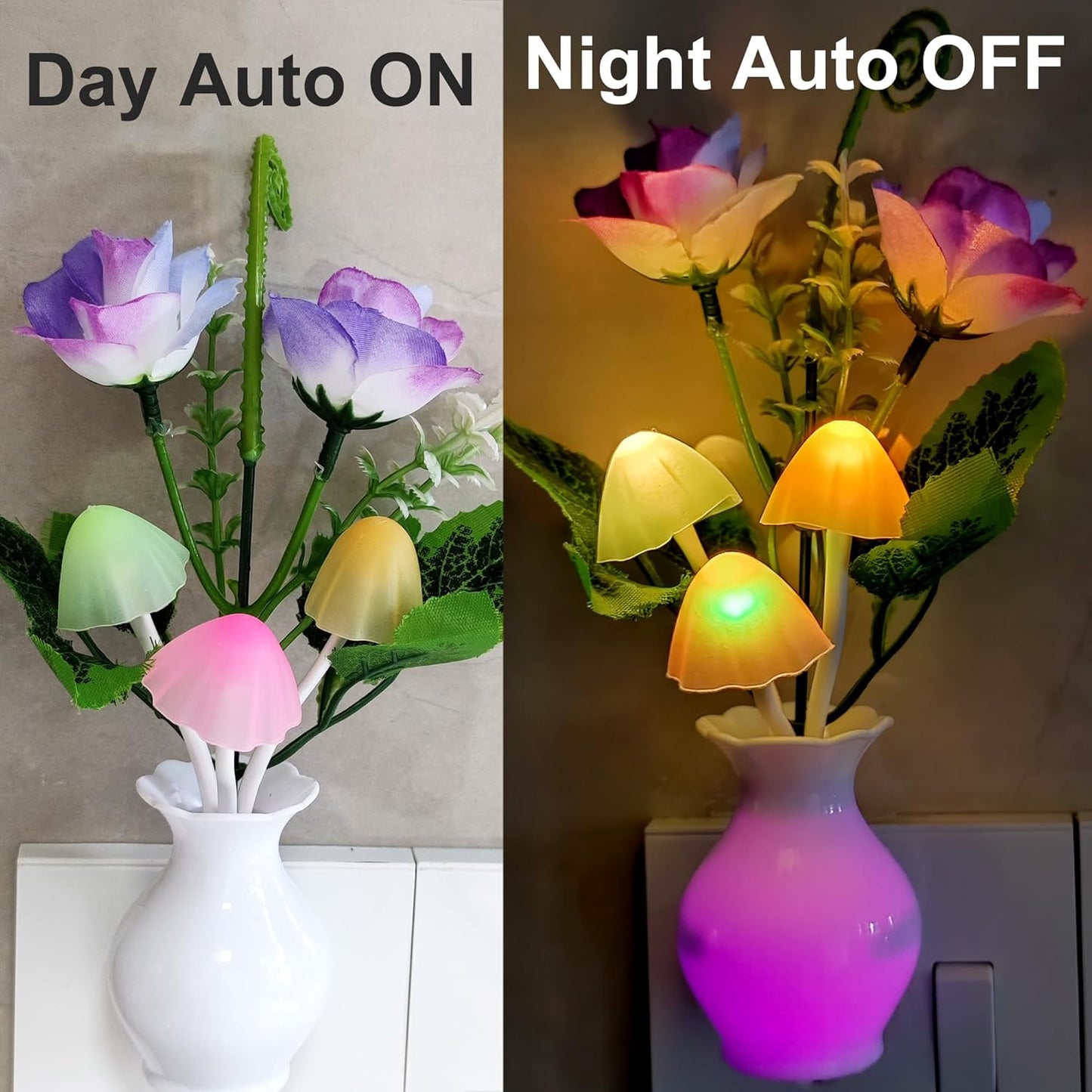 AUSAYE 3Pack Sensor Night Lights Plug into Wall Rose Flower Light, Led Lamp Dream Nightlight Mushroom Night Lights for Kids Adults Room,Bathroom,Kitchen,Hallway