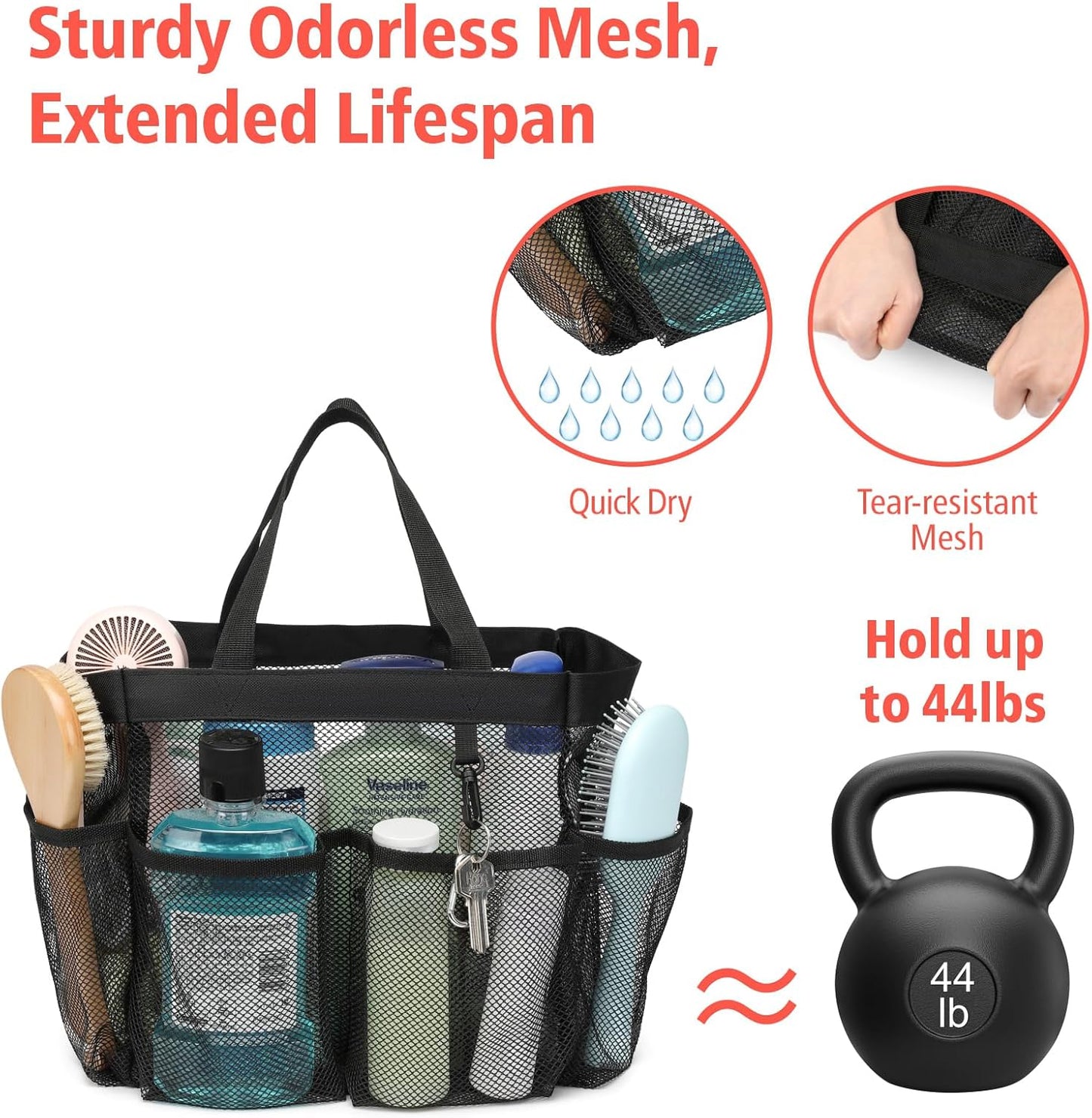 F-color Mesh Shower Caddy Portable - 2 Handles Upgrade Deeper 7 Pockets Basket Bag Tote for College Dorm Room Toiletry Bathroom Essentials Gym Camp Quick Dry with S Hook, 2 Pack, Black & Leopard