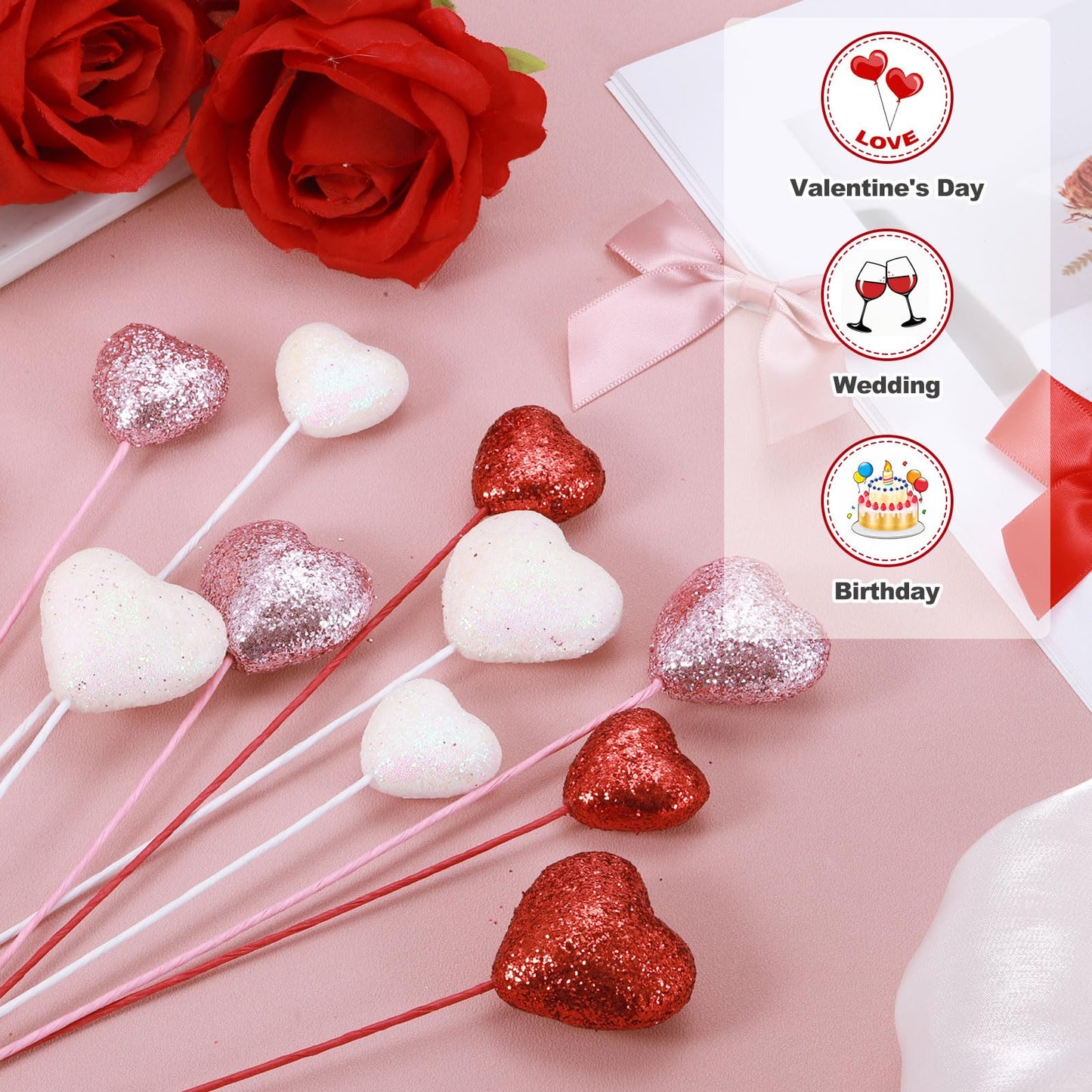 MECCANIXITY 24 Pcs Glitter Heart Shaped Picks Puffy Foam Hearts Floral Sparkly Stick for Valentine's Day Wedding Decor Home Vase Supplies Flower Arrangements Craft (Red/Pink/White, 4cm x 22cm)