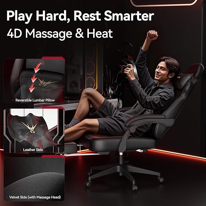 Ergonomic Gaming Chair with Lumbar Massage & Heat, 3D Adjustable Backrest, Thickened PU Leather Seat, Hidden Footrest and Silent Casters for Office/Home (63-77in)