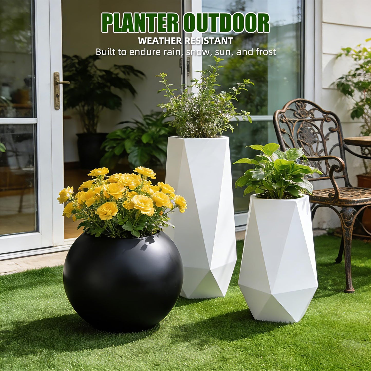 13.5 H x 17" Dia (12" Pot Opening) Round Fiberstone Planter with Drainage Hole, Durable Garden Flower Pots, Black, Resistant for Indoor and Outdoor, Planters for Large Plants pot for Home Decor Patio