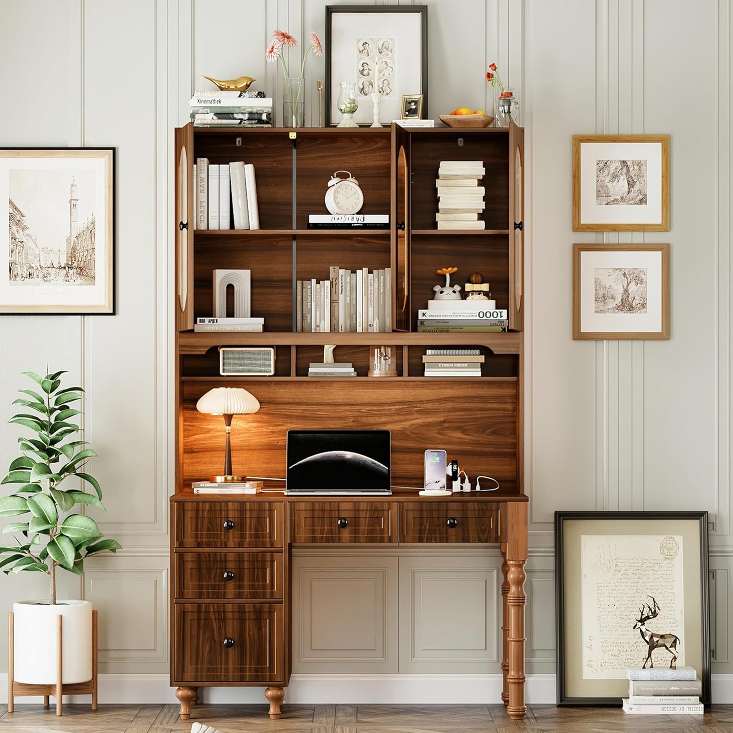 Merax 47'' Executive Desk with Charging Station and Hutch, Home Office Desk with 5 Drawers and Glass-Door Bookshelf, Retro Computer Desk for Study, Bedroom Office Furniture, Walnut