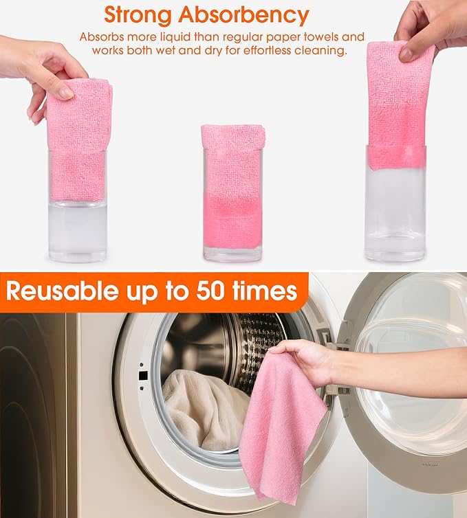 Microfiber Cleaning Cloth Roll–100 Pack, Tear Away Microfiber Towels, Reusable, Washable, Scratch-Free, Kitchen Towels for Car, Home, Kitchen, Glass, Dishes(Pink)