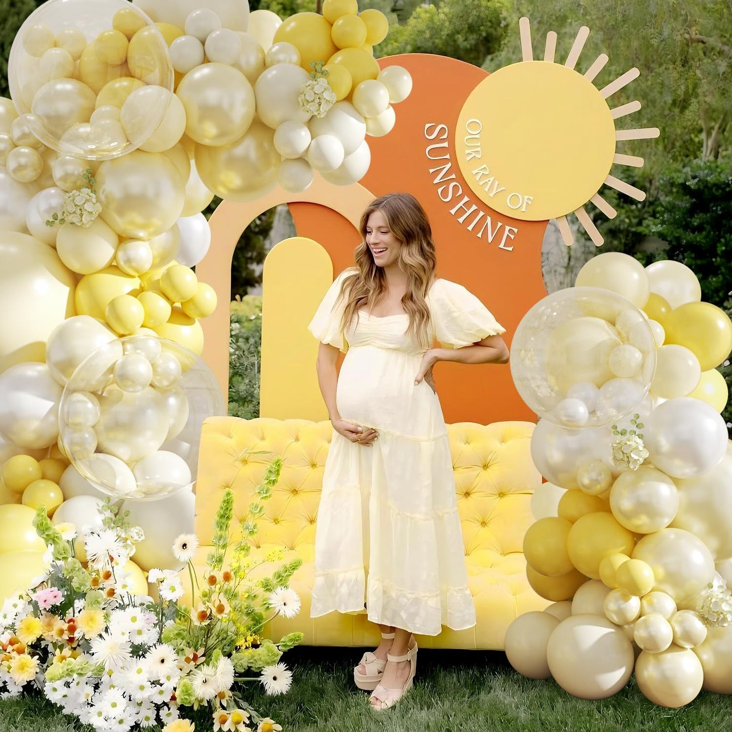 Yellow Balloon Arch Kit 108Pcs Double Stuffed Pearl Yellow Pastel Yellow White Clear Balloons for Bridal Shower Baby Shower Birthday Wedding Engagement Party Decorations