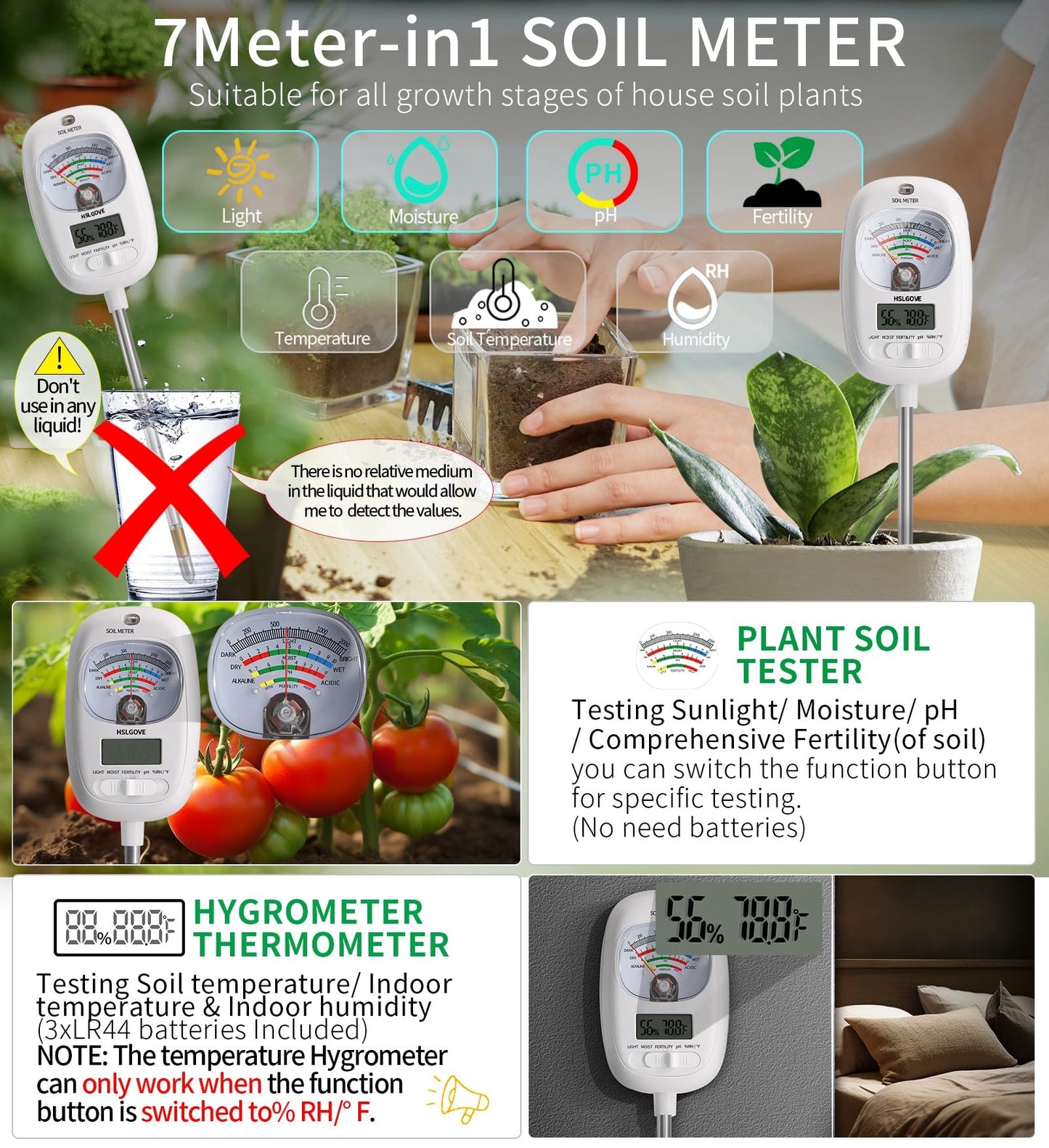 HSLGOVE Soil Test Kit, 7-in-One Soil Moisture Meter/Soil PH Meter/Fertility, Dual Screen Soil Tester w/Digital Soil Temp/Air Temp&Humidity for Plants Gardening,Lawn,Farm Indoor&Outdoor-Mint Green
