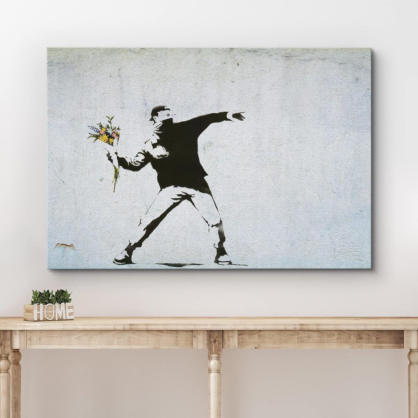 wall26 Canvas Print Wall Art Banksy Man Throws Yellow Flower Bouquet Graffiti & Street Art Pop Culture Illustrations Pop Art Bohemian Dark for Living Room, Bedroom, Office - 12"x18"