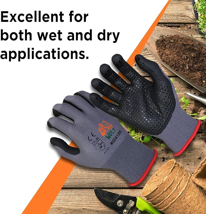WOLF Ultra-Thin Nitrile Foam Palm Coated Glove with Tacky Dot Grip, Multi Purpose
