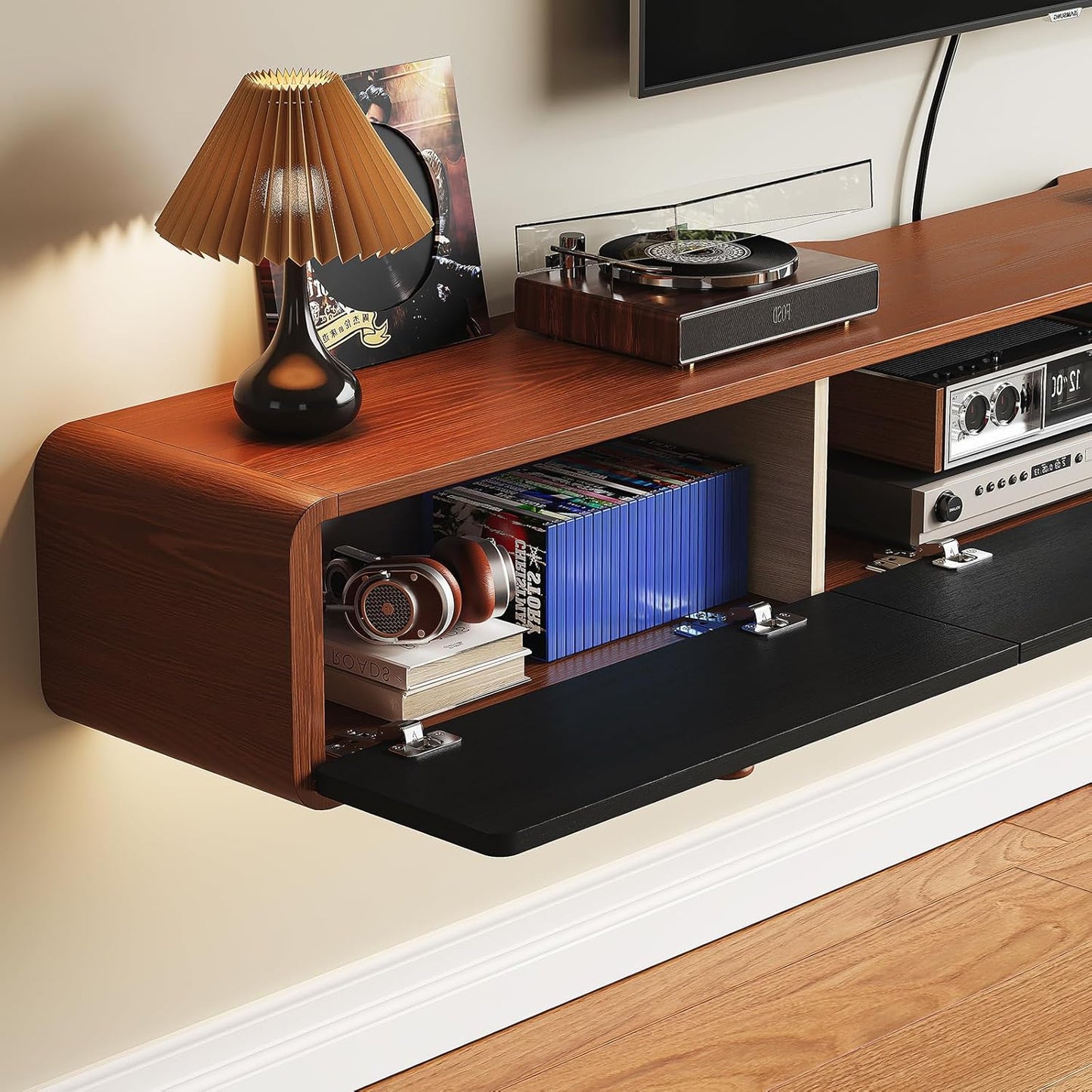 Minimalist 70'' Floating TV Stand with 3 Doors,Solid Wood Wall Mounted TV Console,Floating Entertainment Center with Hidden Storage,Curved Round Edges,Natural Wood Finish(Walnut)