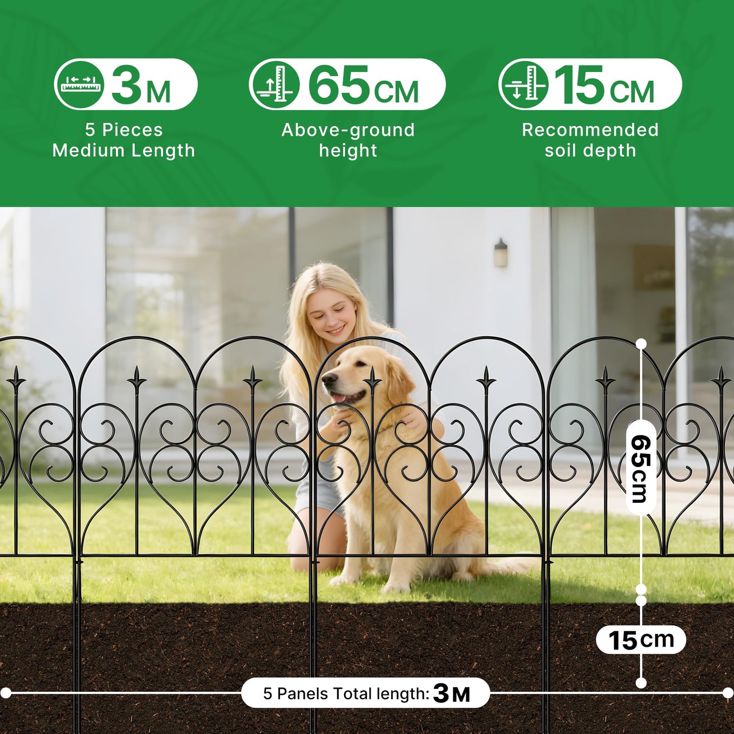 Thealyn Garden Fence 32" H x 10ft (5 Panels), No Digging Heavy Duty Metal Fence Panels, Rustproof Outdoor Dog Fence Animal Barrier, Decorative Fencing for Flower Bed, Yard, Landscape Edging