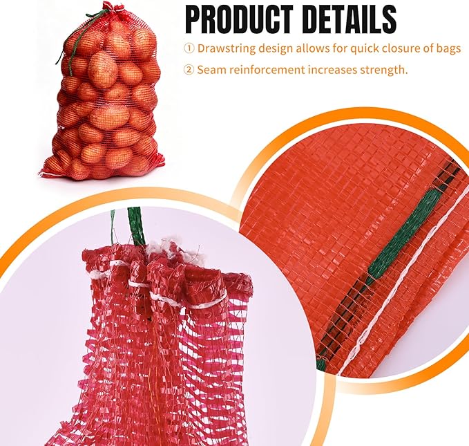 60 Pack 3 Sizes Mesh Onion Bags (18"x10", 24"x14", 31"x20"), Reusable Drawstring Fresh Produce Storage Bags for Onions, Vegetables, Potatoes, Citrus, Crawfish Firewood