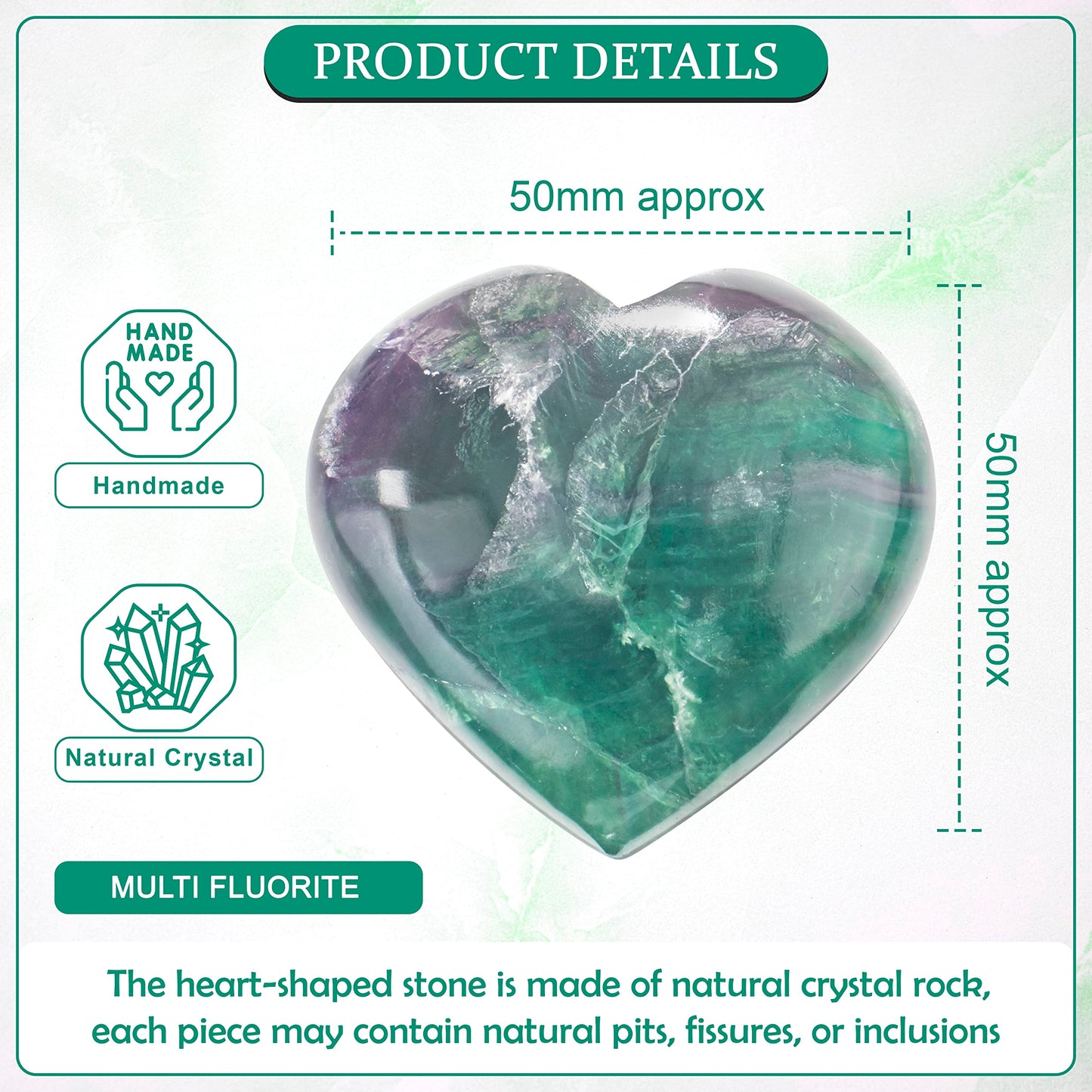 Crocon 50mm Multi Fluorite Heart stone Big Heart Shape Puff Stones Set 450+ Carats Pocket Crystal Healing Tumble Collection Palm Worry Stone Good Luck Charm Meditation Gift Craft Home Decor