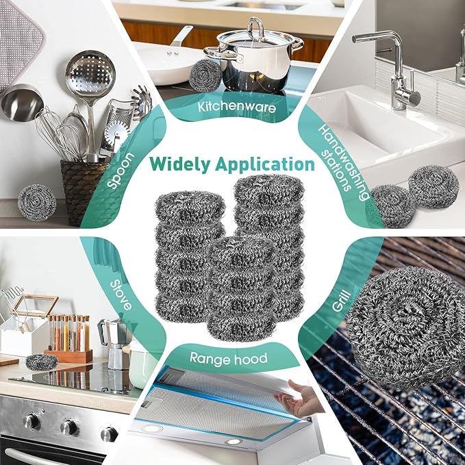 Roshtia 60 Pieces Stainless Steel Scouring Pad Bulk Metal Scrubber for Cleaning Dish 30 Gram Stainless Steel Sponge Round Metal Wool Scrubber for Cleaning Kitchen Bathroom Household