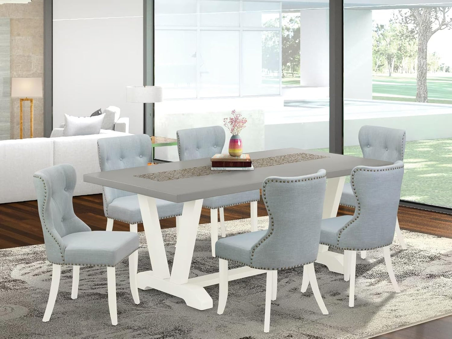 East West Furniture V097SI215-7 7 Piece Dining Table Set Consist of a Rectangle Kitchen Table with V-Legs and 6 Baby Blue Linen Fabric Parson Dining Room Chairs, 40x72 Inch, Multi-Color