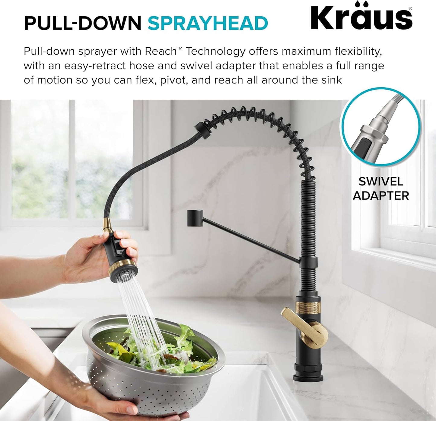 KRAUS Allyn Commercial Style 2-Function Single Handle Pull Down Kitchen Faucet in Spot-Free Brushed Brass/Matte Black, KPF-4110BBMB