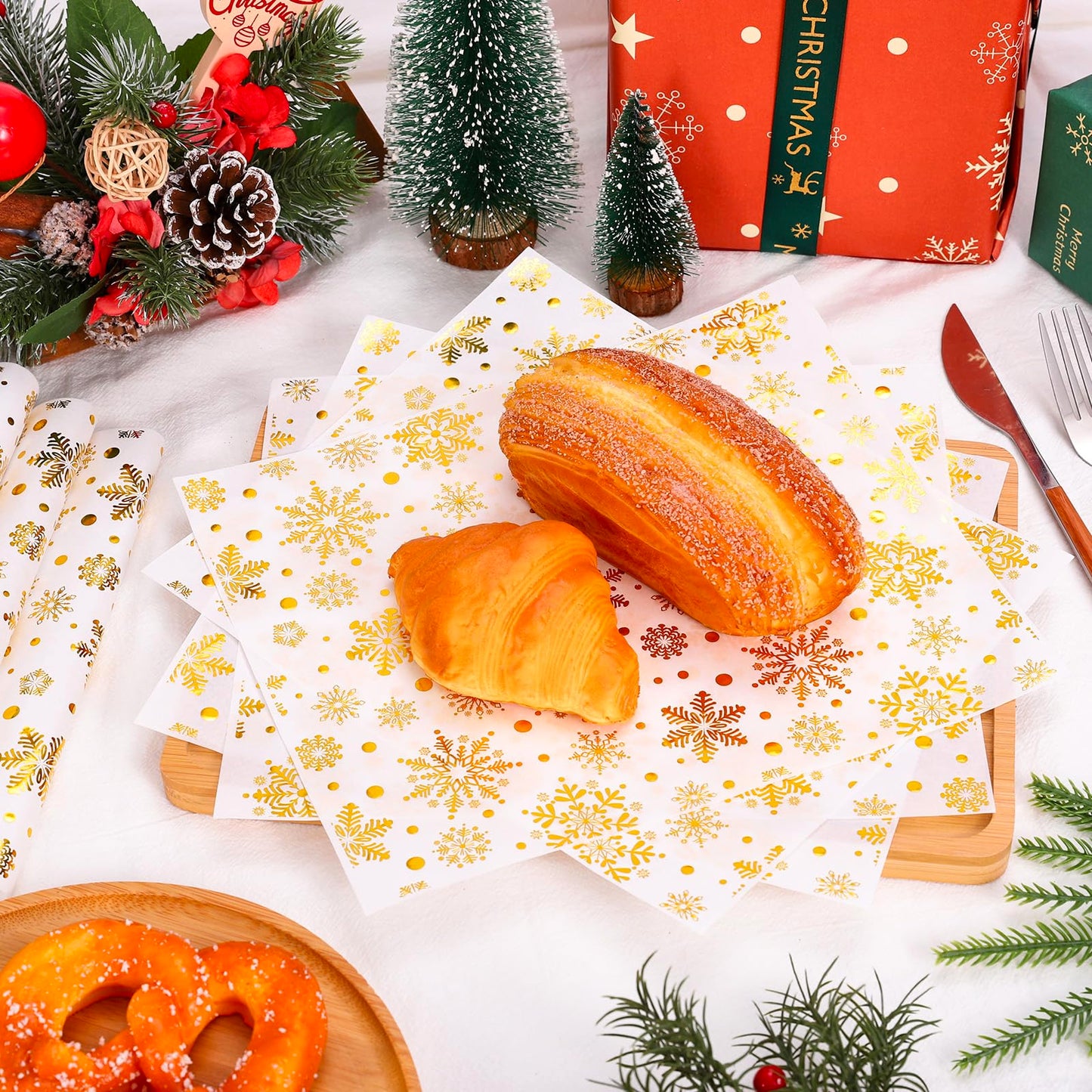 JarThenaAMCS 150 Sheet Christmas Wax Papers Deli Paper Winter Foil Gold Snowflake Paper Food Wrapping Tissue Basket Liner for Xmas Holiday Home Kitchen Restaurant Baking