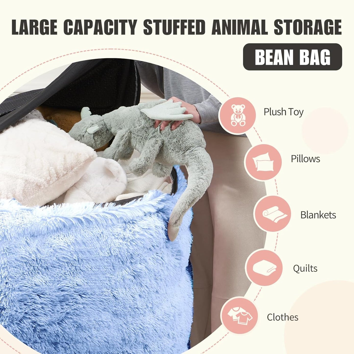 Large Bean Bag Covers Only, Fluffy Stuffed Beanbag Chair Covers No Filler, Washable Bean Bags Cover for Adults, Stuffed Animal Bean Bag Anti-Slip, 7FT, Blue