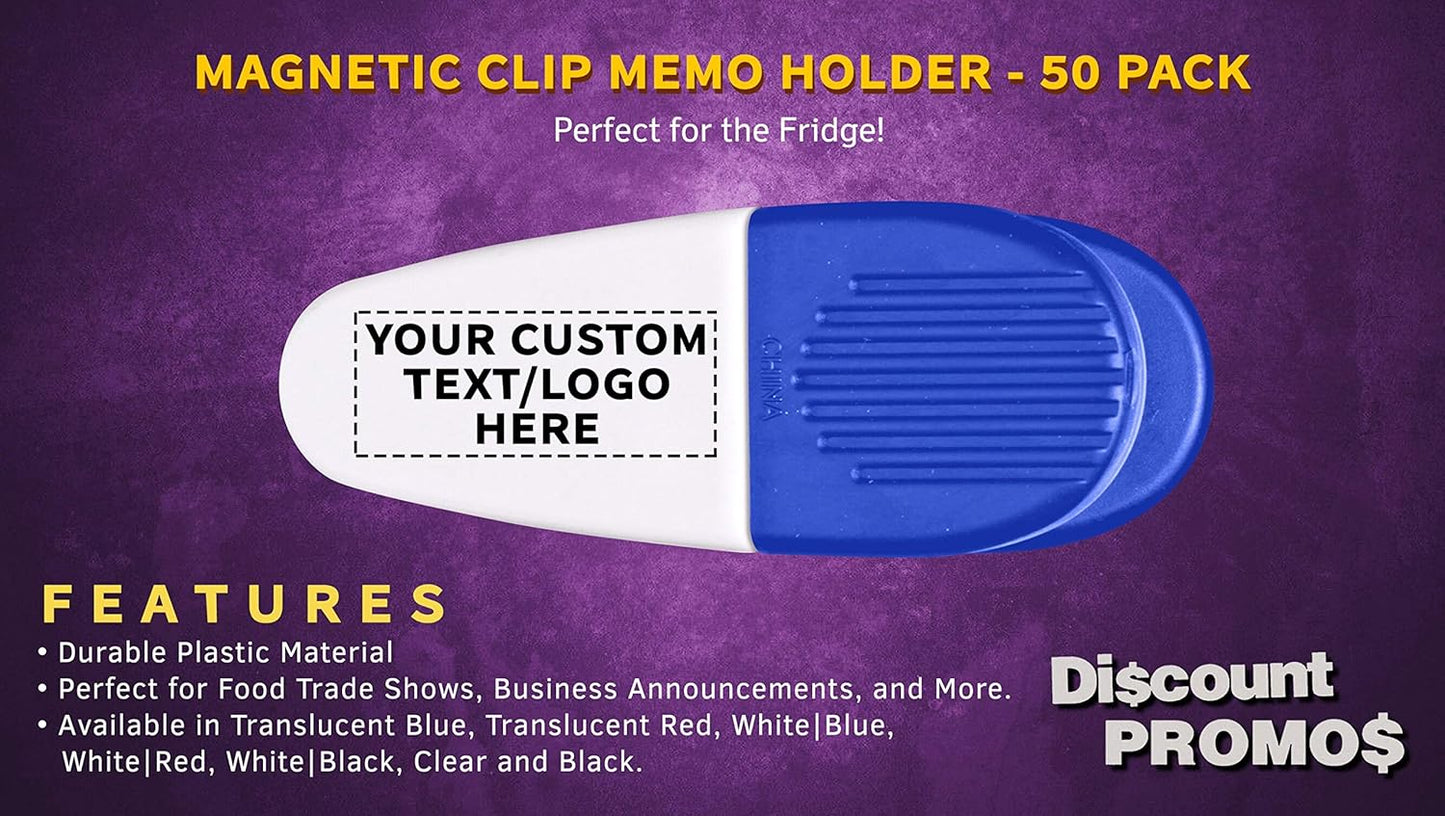 50 Magnetic Memo Holders Set - Customizable Text, Logo - Large Clip, Plastic - White Blue