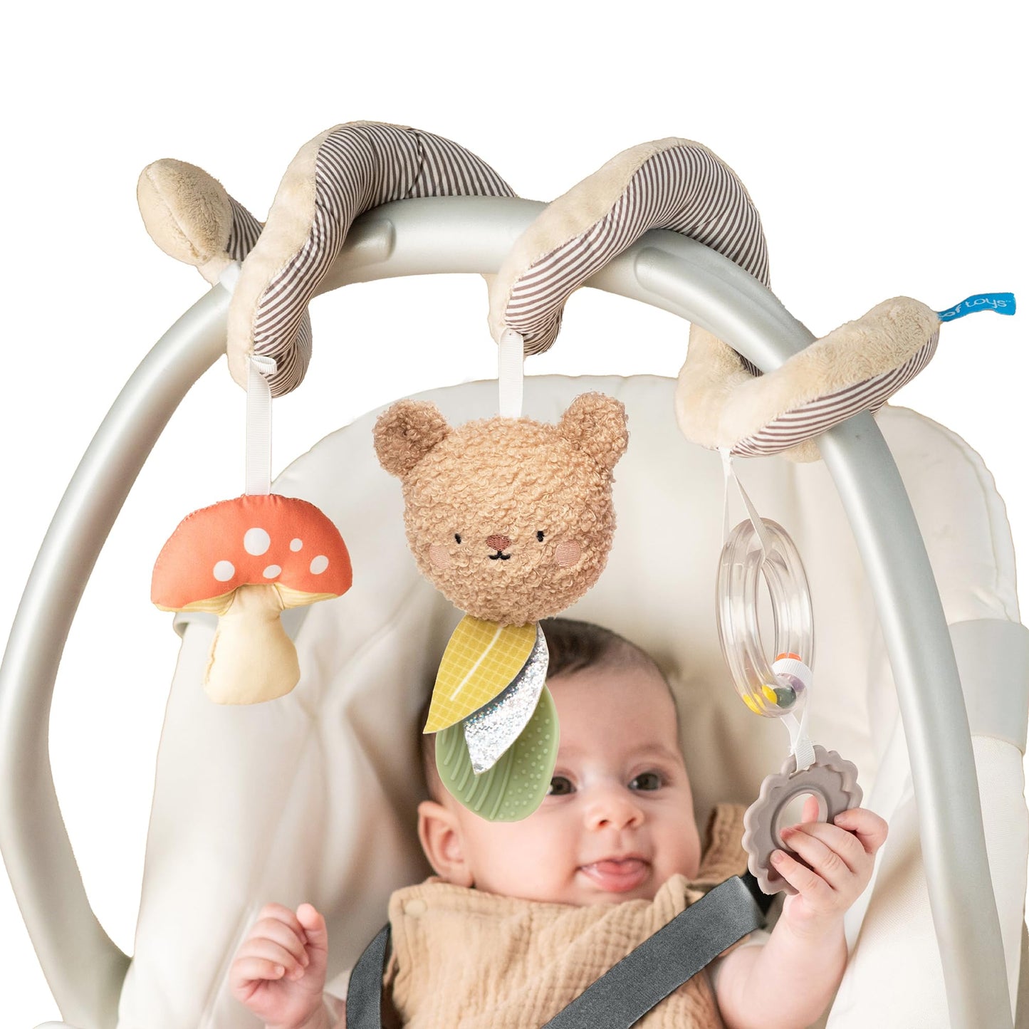 Taf Toys Bear Hug Spiral Car Seat Toy - Plush Bear & Mushroom, Colorful Teethers, Sensory Toys Soft Hanging Toys - Carseat Toys Hanging for Babies 0-6 Months - Newborn Baby Girl Boy Birthday Gifts