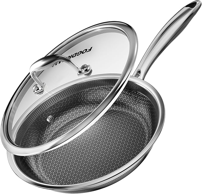 FogDream 8 Inch Non Stick Frying Pans, Stainless Steel Skillet with Tempered Glass Lid Tri-Ply Stainless Steel for All Cooktops, Dishwasher & Oven-Safe Cooking Pan, Stay-Cool Handle, Silver